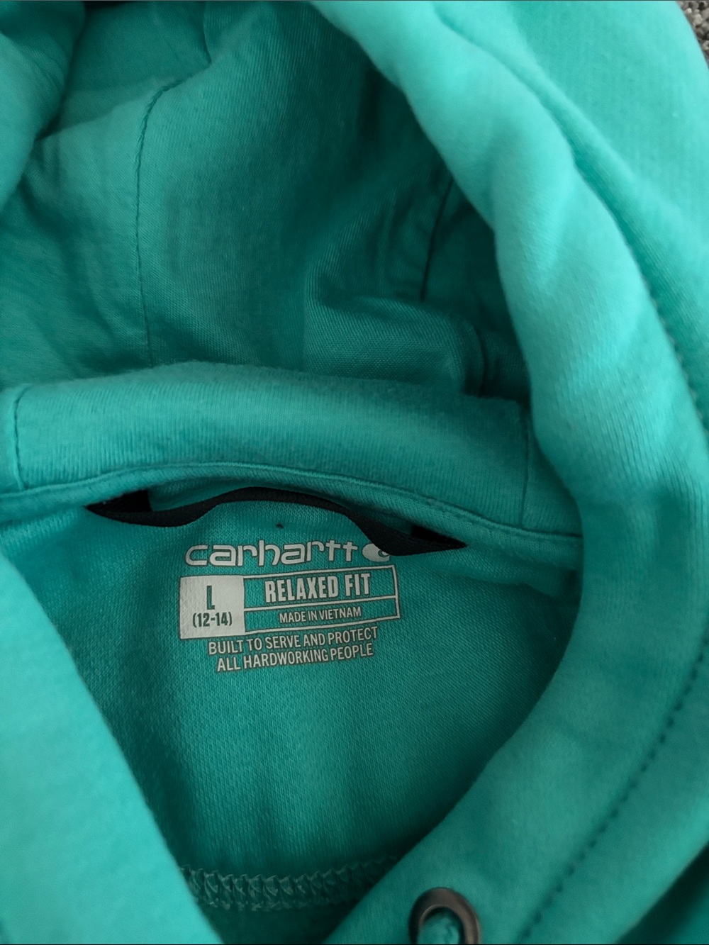 Carhartt Teal Green Pullover Hoodie with Sleeve Script - Picture 2 of 6